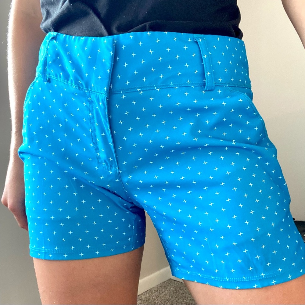 Adidas athletic blue and white pattern shorts sz 6